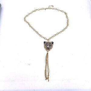 I Am Chain Tiger Pendant Necklace Rhinestone Tassel Lobster Closure Signed